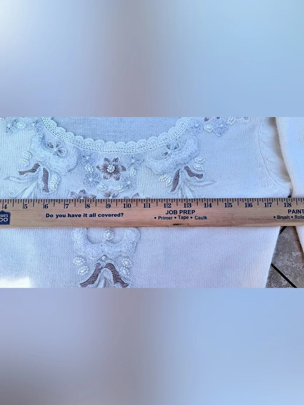 Vintage 90 Ivory Angora Knit Peplum Skirt & Sweater Set Floral Beaded Lace M